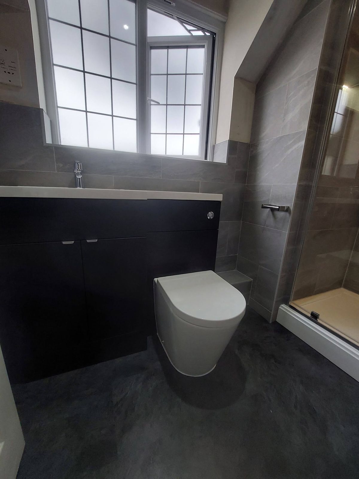 Dark vanity and back-to-wall WC